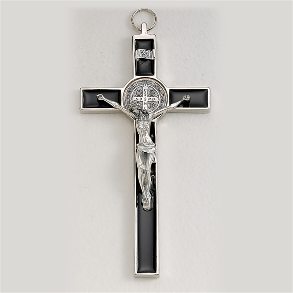 Saint Benedict Crucifix - Black Enamel on Silver Cross - 7.5-Inch