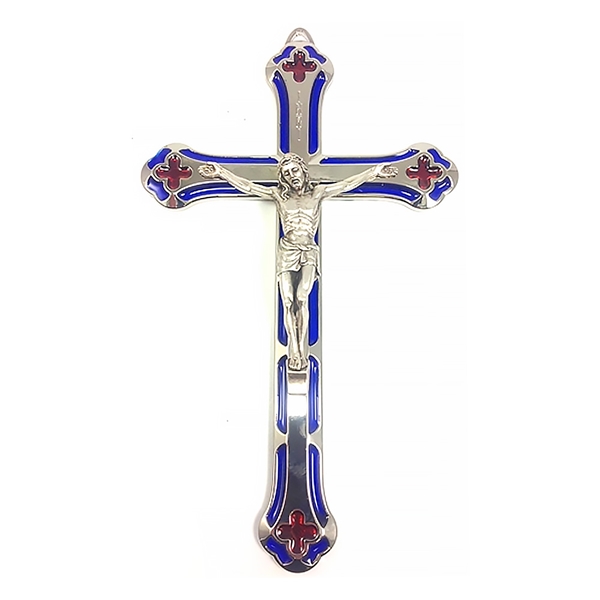 Italian Blue Enamel Metal Crucifix - 7-Inch