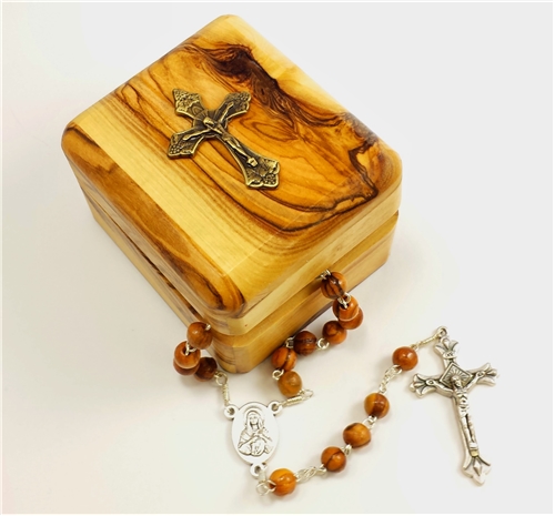Olive Wood Rosary in Olive Wood Box with Crucifix Emblem