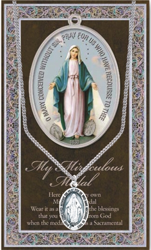 Pewter Miraculous Medal on Chain with Prayer