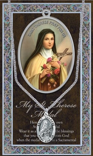 Pewter St. Therese Medal on Chain with Prayer