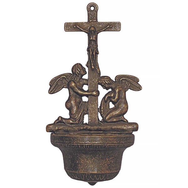Crucifixion with Angels Antique Brass Font - 12-Inch 