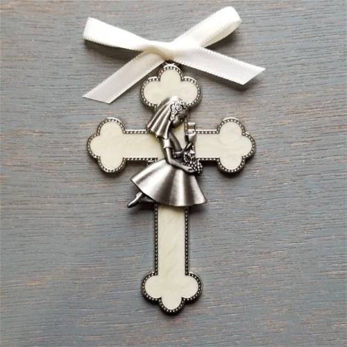 First Communion White Enamel Cross with Girl 3.5&quot;