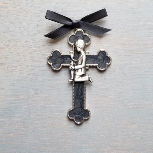 First Communion Black Enamel Cross with Boy 3.5&quot;