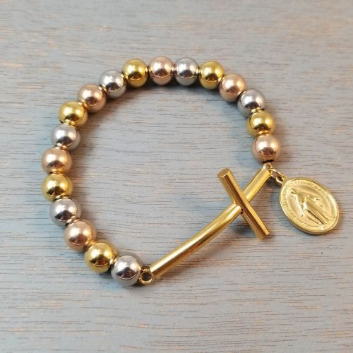 Gold Miraculous Medal and Cross Bracelet