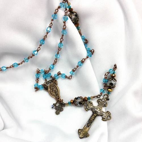 Antiqued Bronze with Aqua Glass Bead Rosary