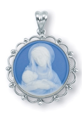 Blue Sterling Silver Madonna and Child Cameo Necklace