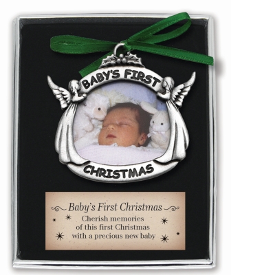 Baby&#39;s First Christmas Pewter Picture Frame Ornament in Gift Box