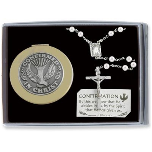 Confirmation Gift Set with White Rosary and Box