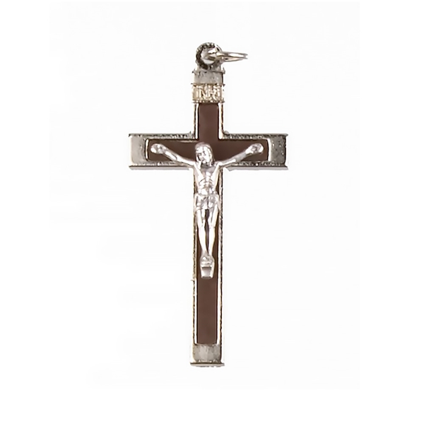 1.75-Inch Metal Crucifix with Brown Inlay
