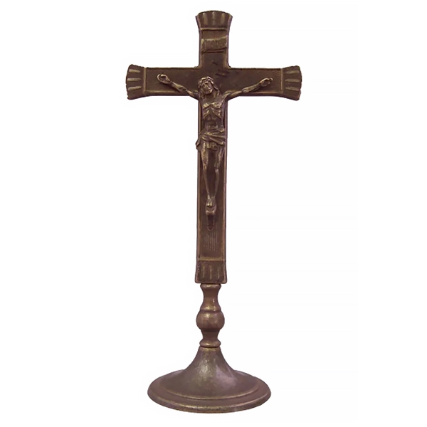 Brass Standing Crucifix with Green Patina - 10.5-Inch