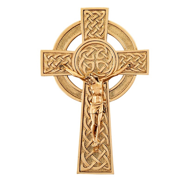Fine Pewter Celtic Crucifix - Gold Finish - 8-Inch