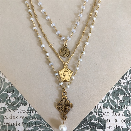 Fresh Water Pearl and Moonstone Jerusalem Cross Necklace, Julie