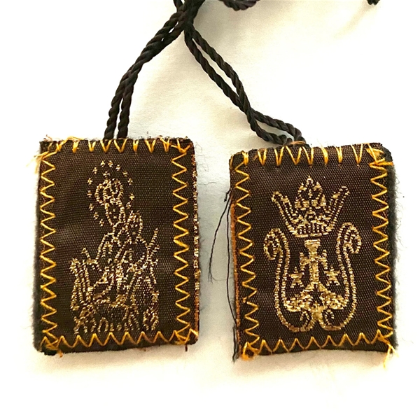 Gold-Embroidered Brown Mexican Scapular