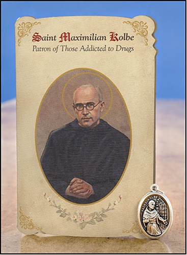 St Maximilian Kolbe (Drug Addiction) Healing Holy Card with Medal