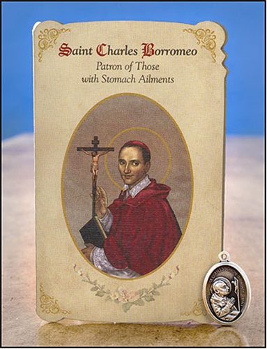 St Charles Borromeo (Stomach Ailments) Healing Holy Card with Medal