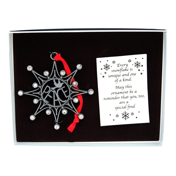 Peace Snowflake Pewter Ornament with Crystals in Gift Box