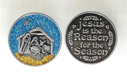 Nativity Scene Pocket Coin with Color Glitter Epoxy