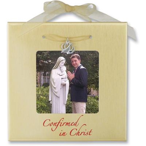 SATIN GOLD CONFIRMATION SQUARE RIBBON FRAME with DOVE CHARM