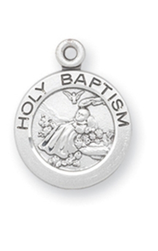 Sterling Silver Round Holy Baptismal Medal with18 Inches Chain , Boxed