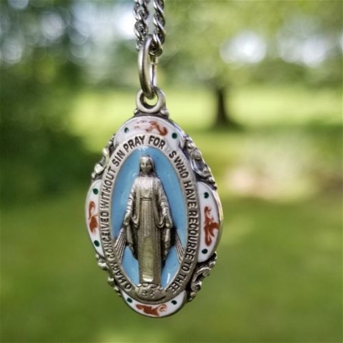 Silver and Blue Enamel Miraculous Medal Necklace