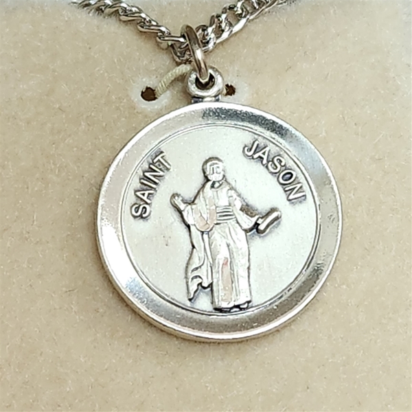 Sterling Silver Round Saint Jason Medal with Chain