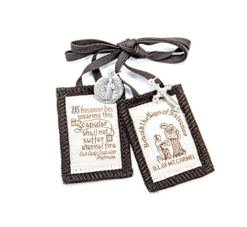 Handmade Brown Wool Scapular with Crucifix &amp; St Benedict Medal