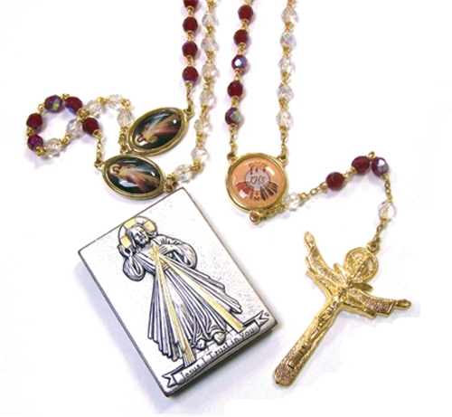 Crystal Divine Mercy Rosary with Silver Plaque