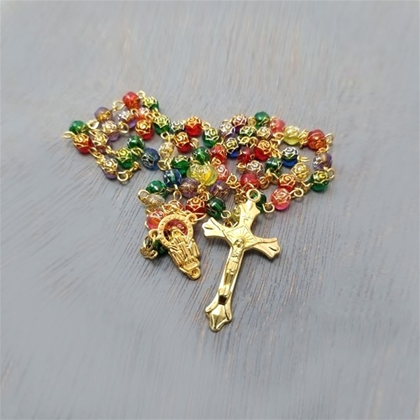 Gold-Tint Multi-Color Plastic Rosary