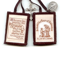 Handmade Brown Wool Scapular with Crucifix & St Benedict Medal